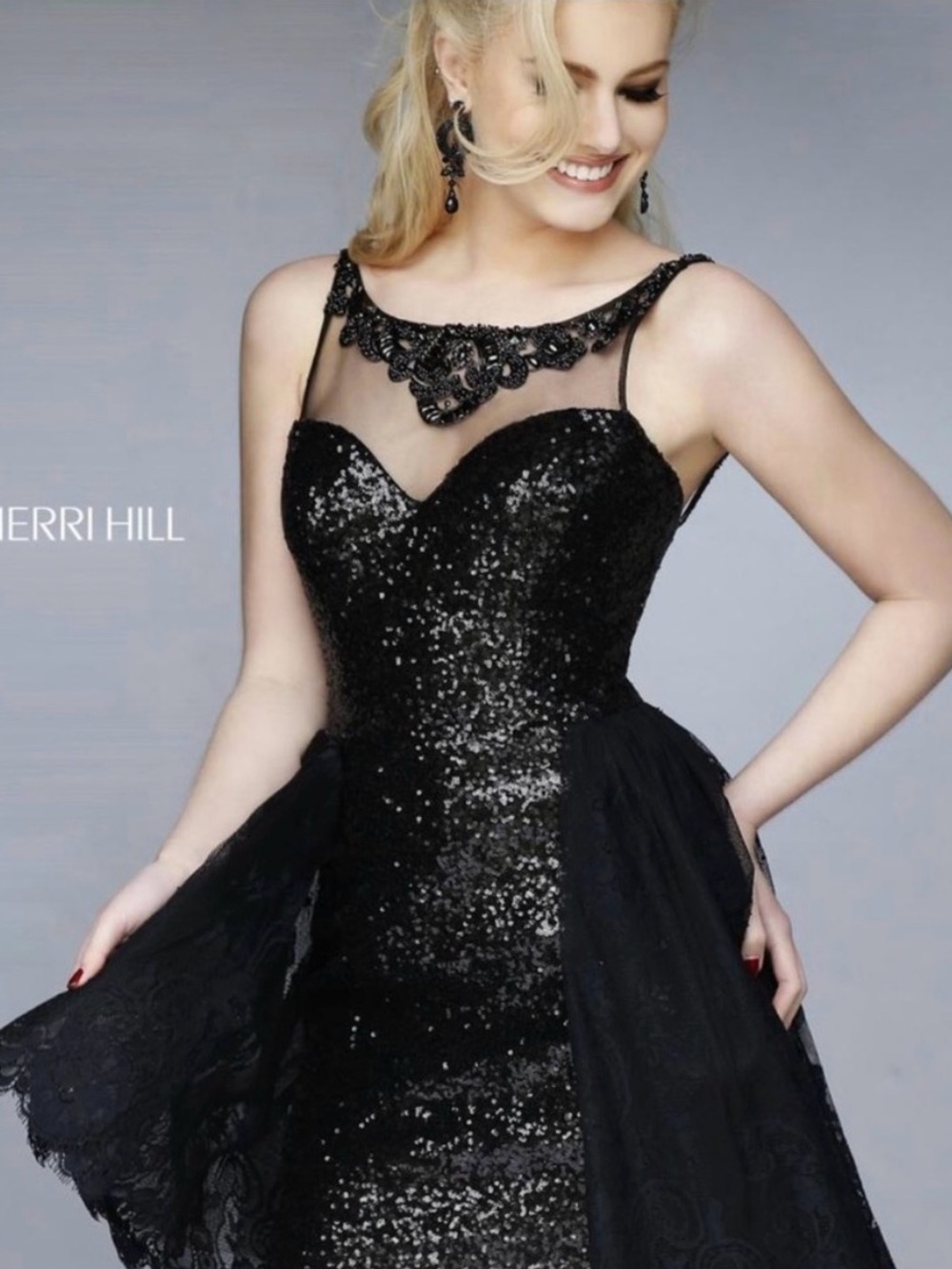 NWT $450 Sherri Hill Sz 8 Black Sequin Lace Open Back Homecoming Cocktail Dress